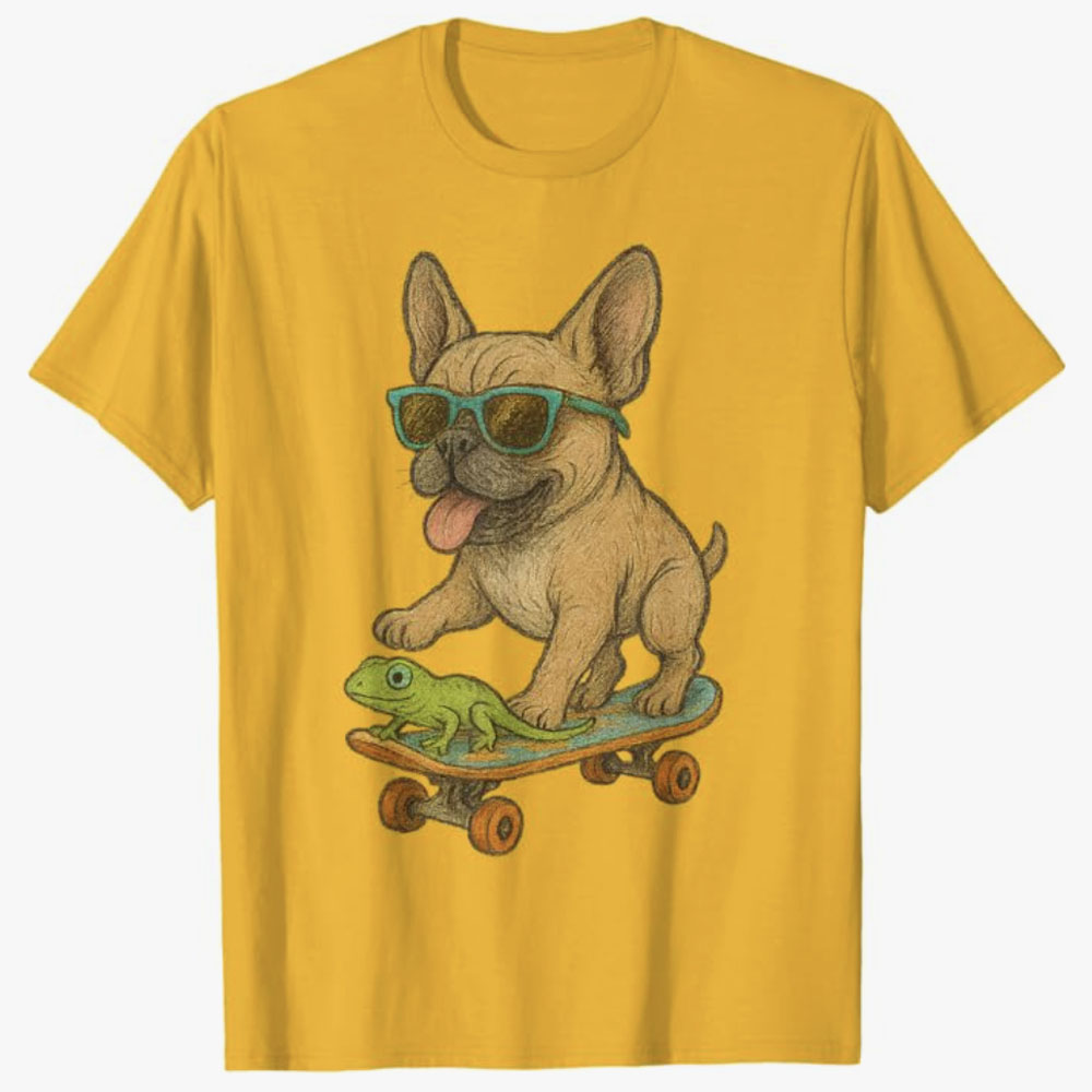Yellow T-shirt featuring a playful French Bulldog wearing sunglasses and riding a skateboard alongside a green lizard, representing fun, carefree energy, and a love for quirky, joyful moments.