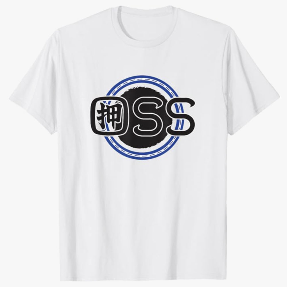 White T-shirt featuring the word OSS in bold black and blue letters with a Japanese kanji symbol integrated into the design, representing respect, perseverance, and spirit in martial arts culture.