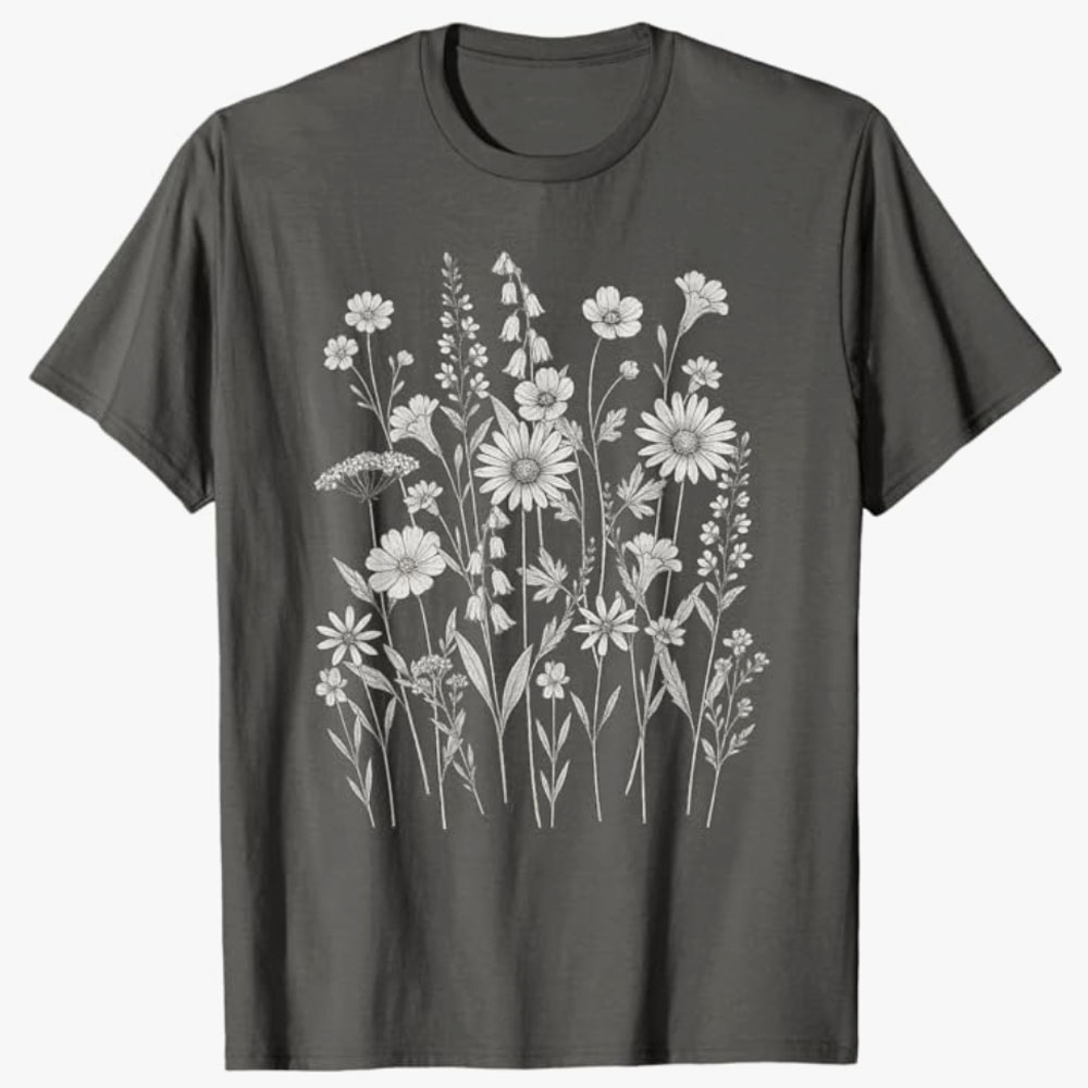 Dark gray T-shirt featuring a detailed white illustration of wildflowers, symbolizing natural beauty, simplicity, and a love for nature-inspired art.