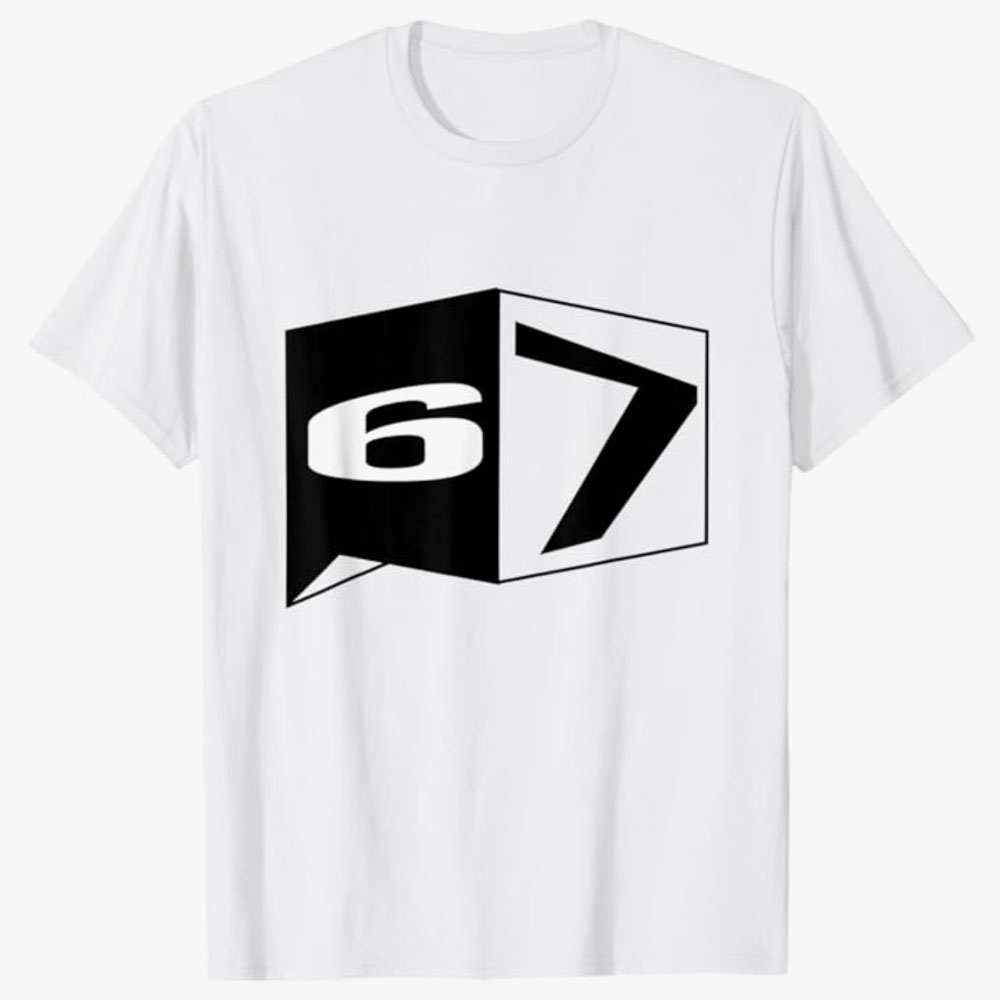 ChatGPT said:  A white T-shirt features a bold black-and-white geometric design displaying the numbers 6 and 7 on adjacent angled panels. The minimalist layout gives the graphic a three-dimensional, modern look centered around the paired numbers.