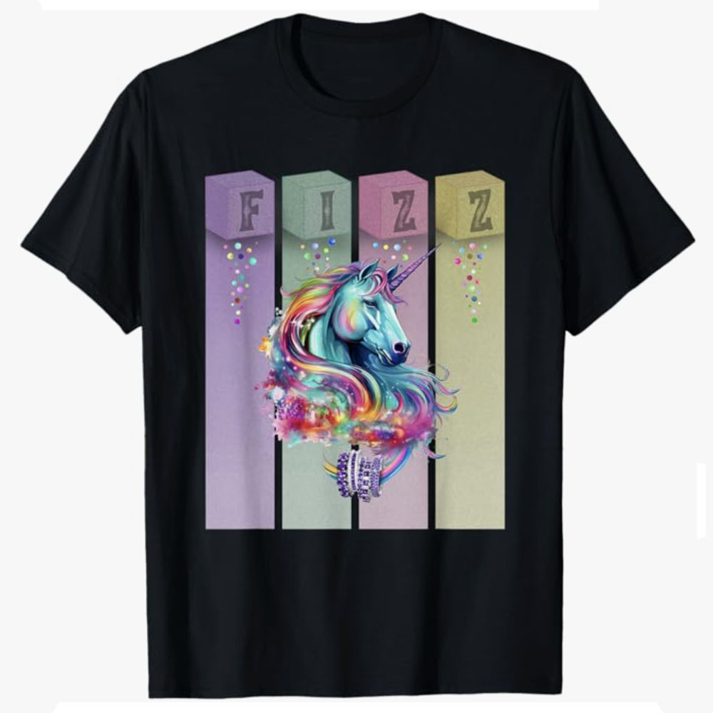 A vibrant unicorn illustration is centered on a black T-shirt beneath four pastel fizz cubes that spell FIZZ, with colorful bubbles cascading down. The design combines fantasy and sparkle, creating a magical, fizzy aesthetic.
