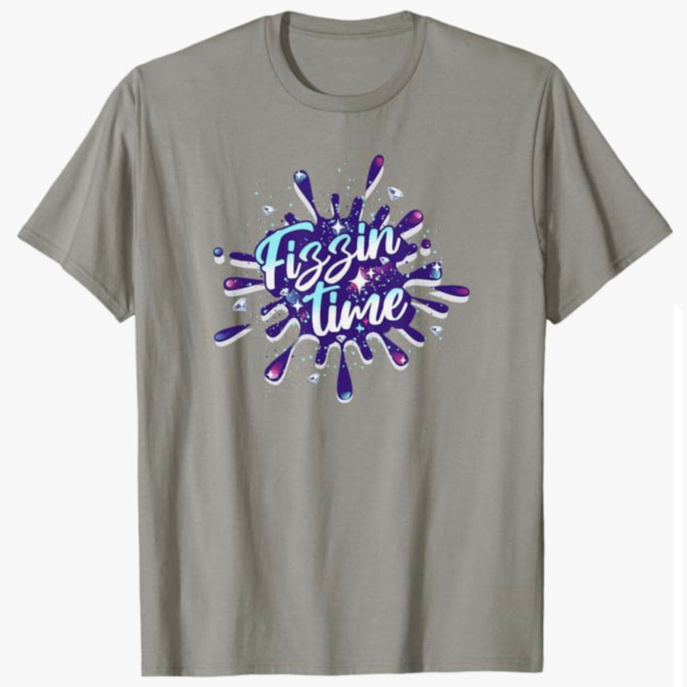 A gray T-shirt shows a vibrant splash graphic filled with sparkling colors and the playful phrase Fizzin Time at the center. The design conveys fun, energy, and a celebratory mood inspired by bright, fizzy visuals.