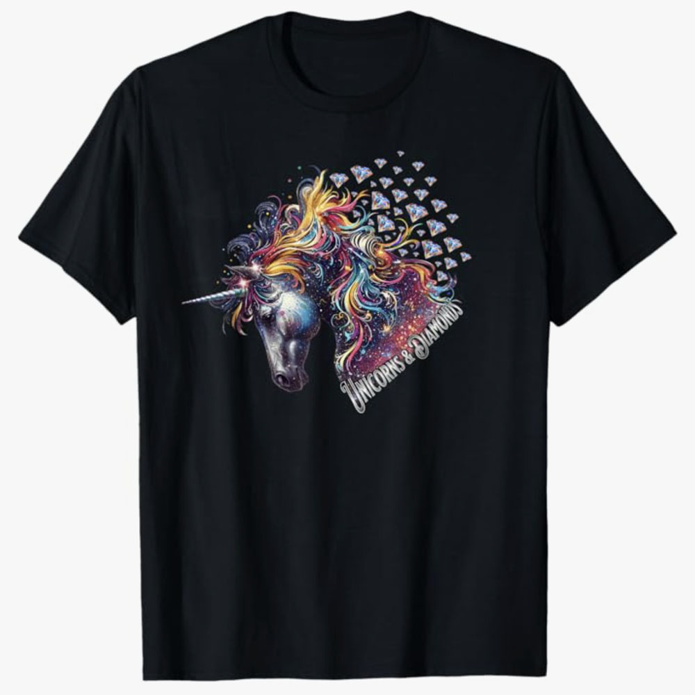 A black T-shirt features a vibrant, sparkling unicorn head with a flowing rainbow mane surrounded by a cascade of shimmering diamonds and the phrase Unicorns & Diamonds. The design celebrates fantasy, magic, and glamorous shine.