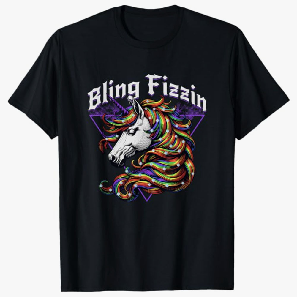 A black T-shirt features a bold, colorful unicorn head with a flowing rainbow mane beneath the phrase Bling Fizzin. The design blends fantasy and sparkle, highlighting a vibrant, energetic love for magical bling.