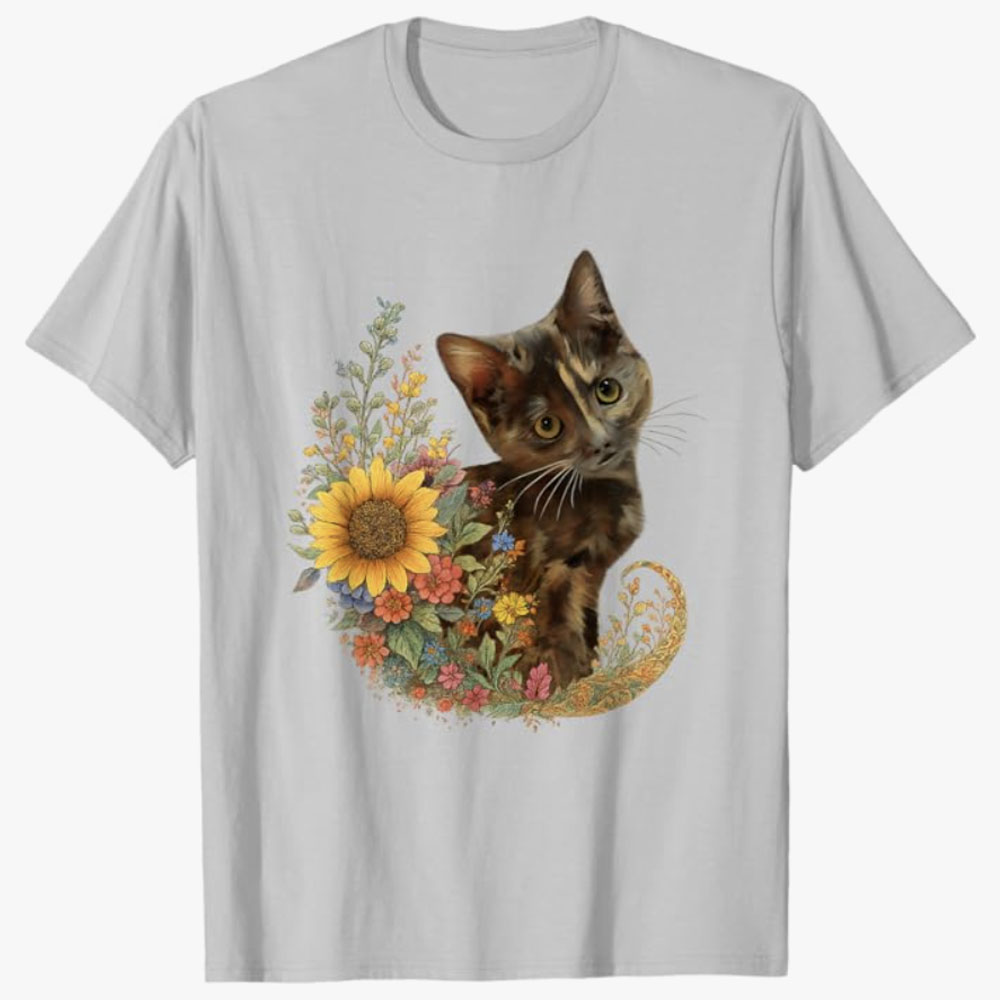 A light gray T-shirt features a detailed illustration of a calico kitten nestled among vibrant flowers, including a sunflower and colorful blossoms. The design conveys a gentle, whimsical aesthetic celebrating the charm of cats and nature.