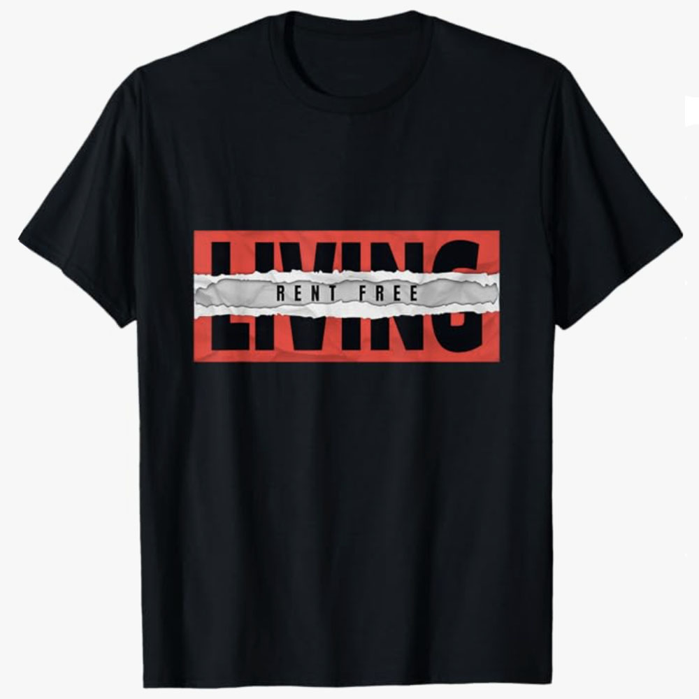 A black T-shirt features a bold red rectangle with the word LIVING partially covered by a ripped paper effect that reveals the phrase rent free. The design conveys a confident, carefree attitude as if someone is living in others’ minds without effort.