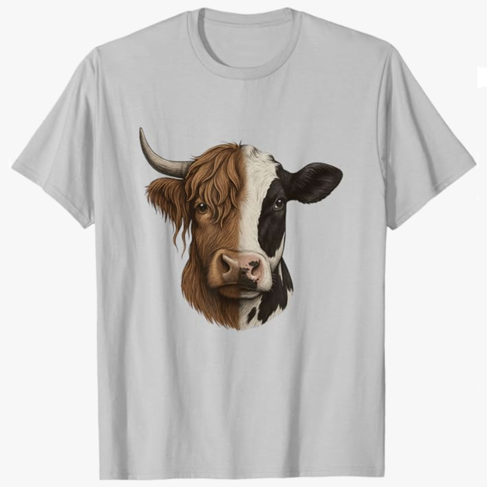 A light gray T-shirt features a split-face illustration of a Highland cow and a Holstein cow, blending two distinct cattle breeds into one image. The design celebrates diversity, contrast, and the beauty of farm life.