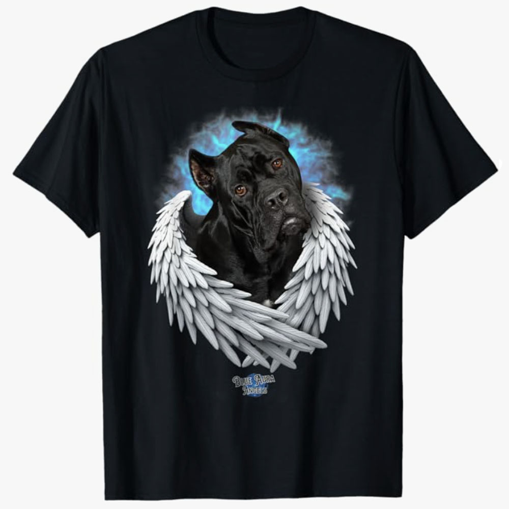 A black T-shirt features a Cane Corso with angel wings and a glowing aura, symbolizing a powerful yet loving tribute to a cherished pet’s memory.