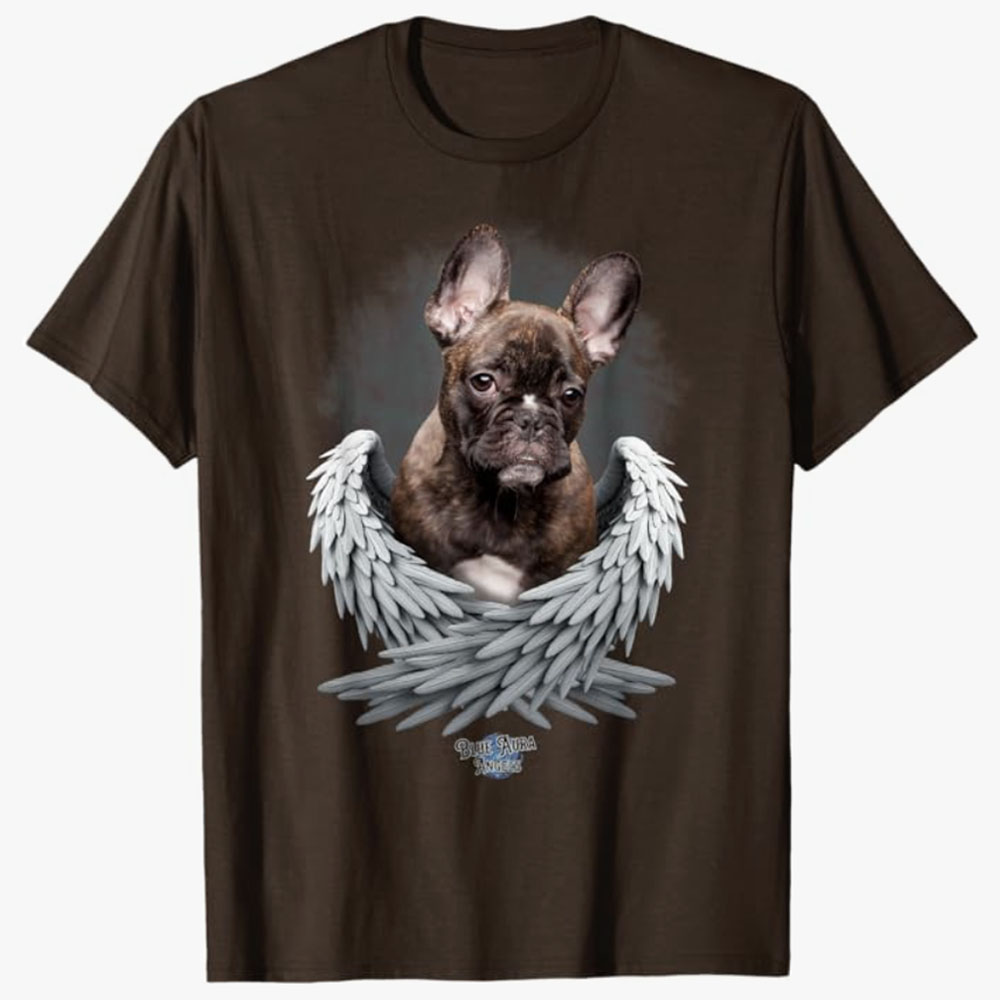 A brown T-shirt features a French Bulldog with angel wings, creating a heartfelt design that symbolizes love and remembrance of a beloved pet.