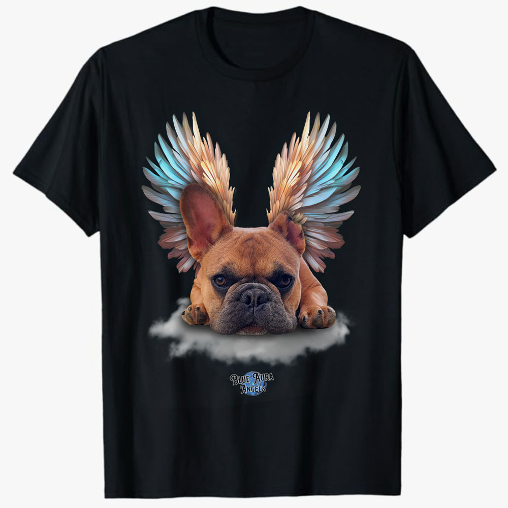 A black T-shirt features a resting French Bulldog with angel wings on a cloud, symbolizing a loving tribute and remembrance of a cherished pet.