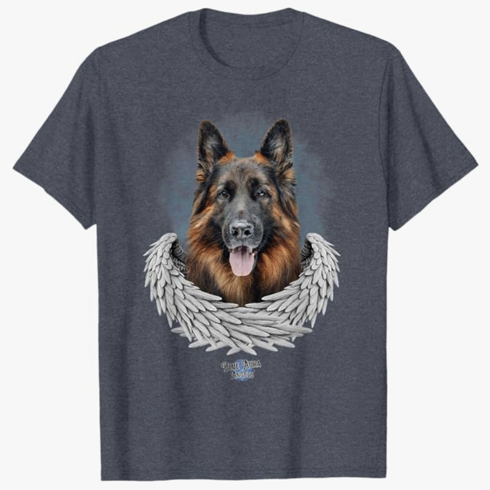 A gray T-shirt features a detailed portrait of a German Shepherd framed by angel wings, symbolizing love, loyalty, and remembrance of a beloved pet.