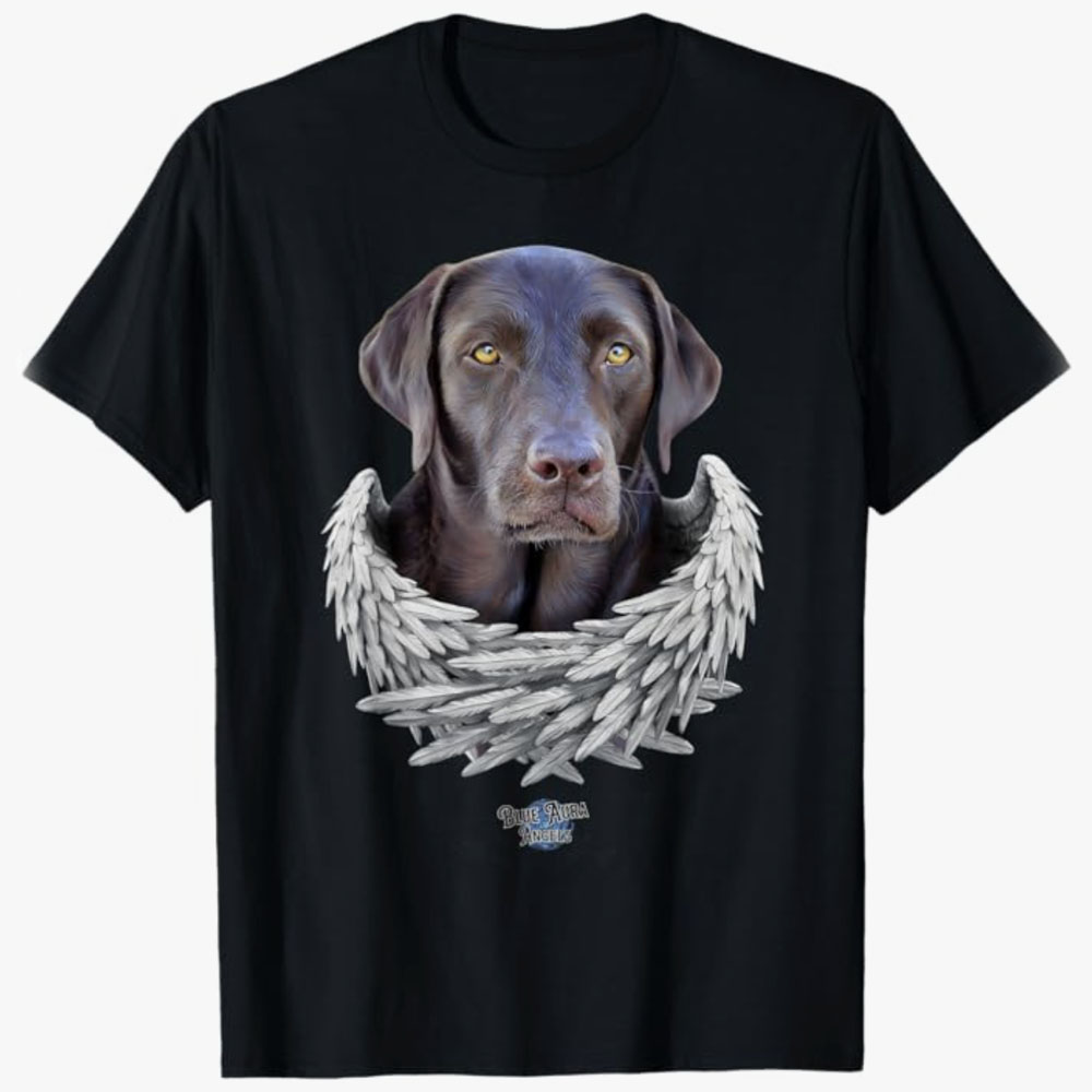 A black T-shirt features a realistic Labrador retriever portrait framed by angel wings, creating a heartfelt design that symbolizes love, loyalty, and remembrance.