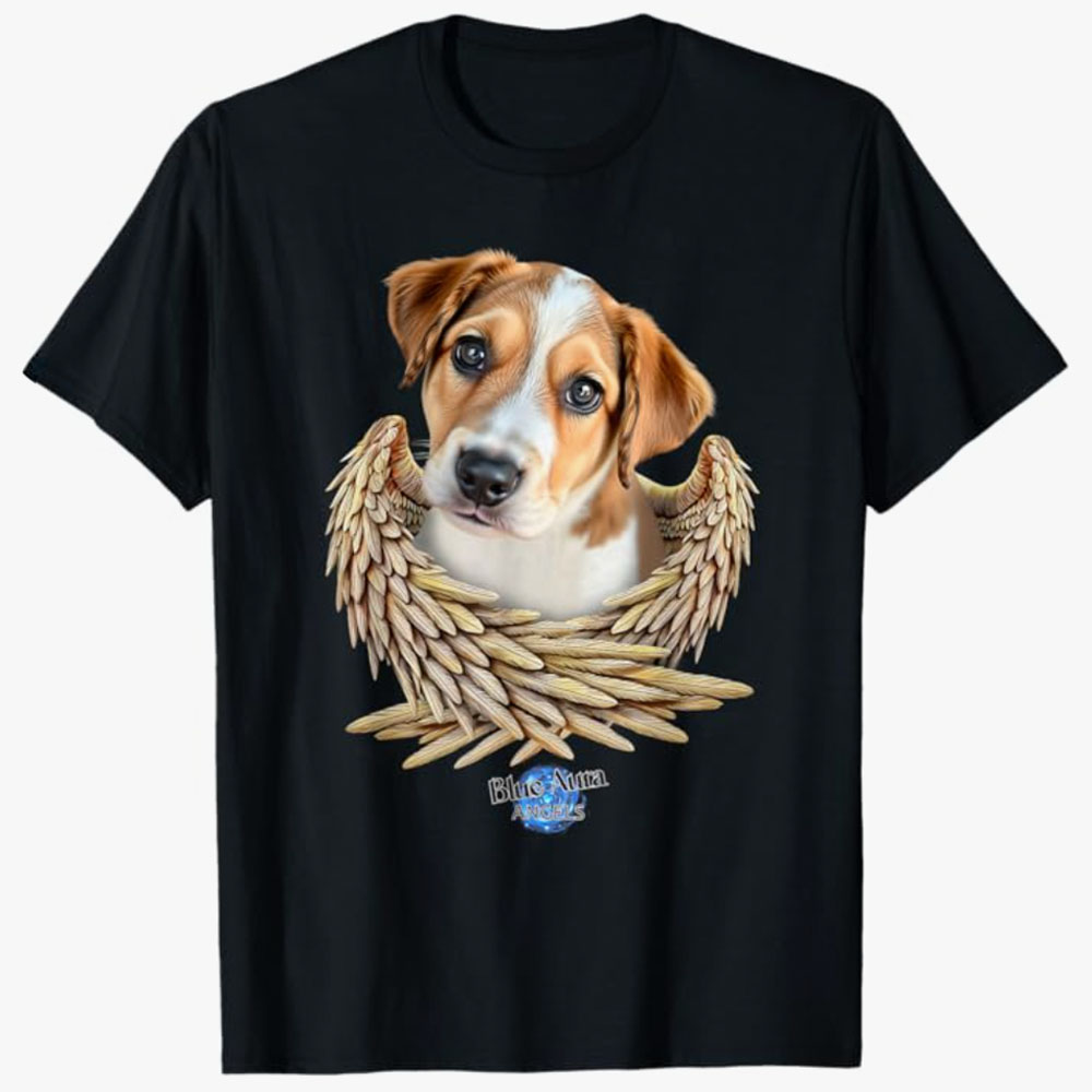 A black T-shirt features a sweet mixed-breed dog portrait framed by angel wings, symbolizing love and remembrance of a beloved companion.