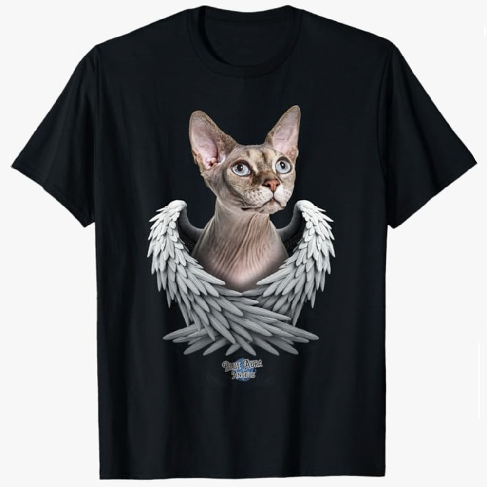 A black T-shirt features a Hairless Sphynx cat with angel wings, symbolizing a touching tribute and remembrance of a beloved pet.