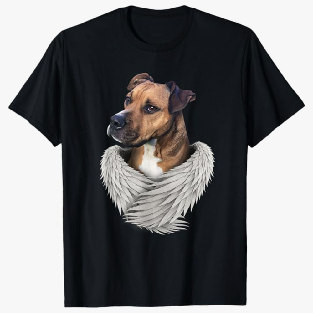 A black T-shirt features an american staffordshire terrier mix dog framed by angel wings, creating a heartfelt design that symbolizes remembrance and love for a cherished pet.
