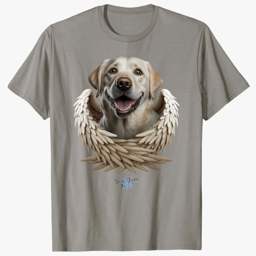 A gray T-shirt features a smiling yellow Labrador framed by angel wings, symbolizing a loving tribute and remembrance of a cherished pet.