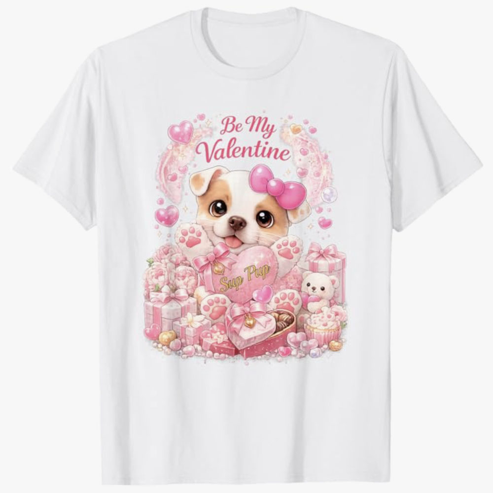 A white T-shirt features a cute puppy with a pink bow surrounded by hearts, gifts, and sweets with the phrase Be My Valentine and Sup Pup, creating a sweet Valentine’s Day themed design.