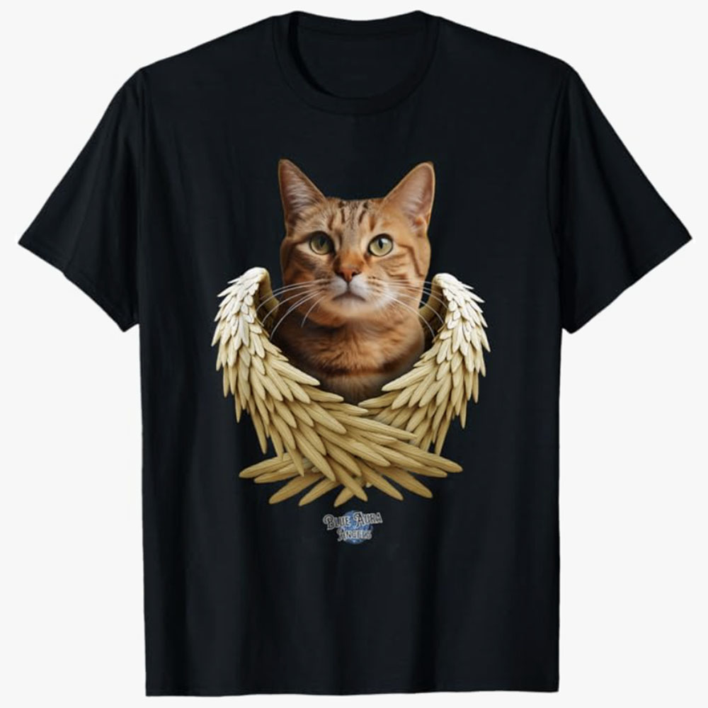 A black T-shirt features a bengal mix cat with angel wings, symbolizing a loving memorial tribute to a cherished pet.