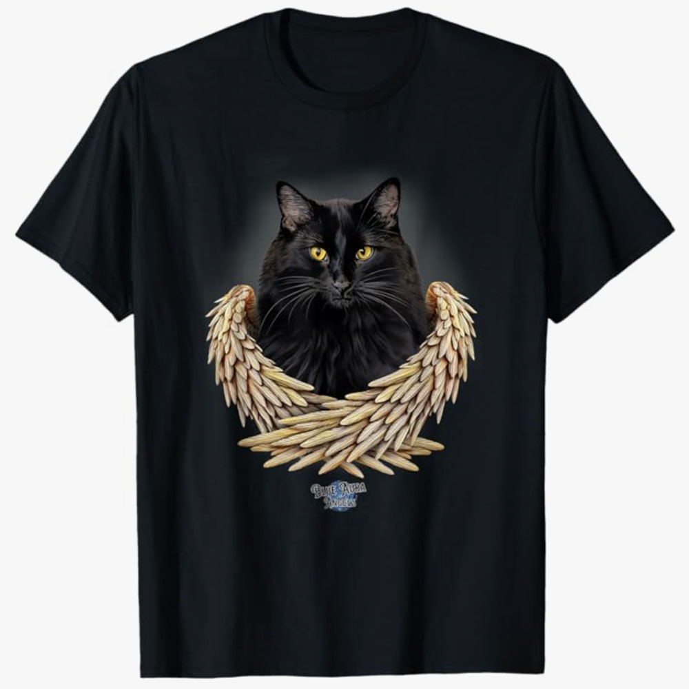 A black T-shirt features a black cat with angel wings, representing a loving memorial tribute to a cherished pet.