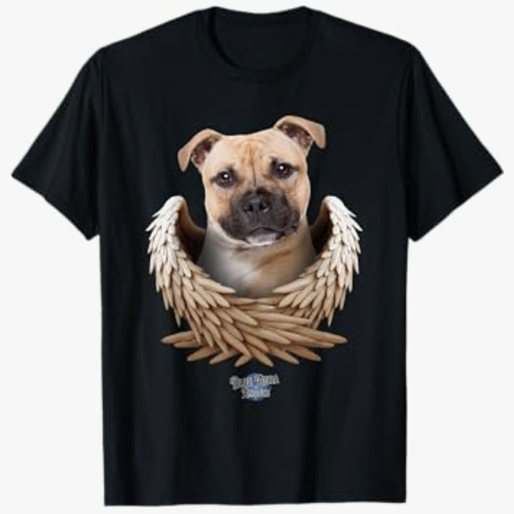 A black T-shirt features a bull terrier framed by angel wings, symbolizing a heartfelt tribute and remembrance of a beloved pet.