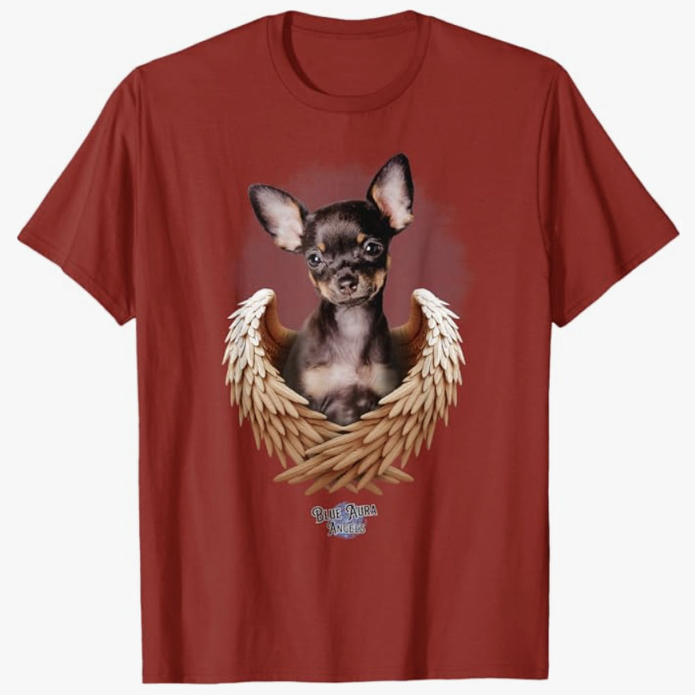 A red T-shirt features a Chihuahua framed by angel wings, symbolizing a loving tribute and remembrance of a cherished pet.