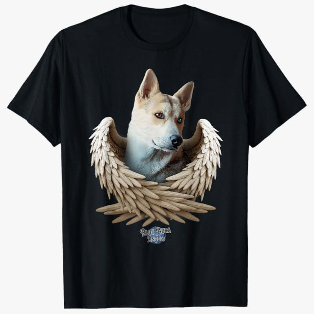 A black T-shirt features a husky mix with angel wings, symbolizing a heartfelt tribute and remembrance of a beloved pet.