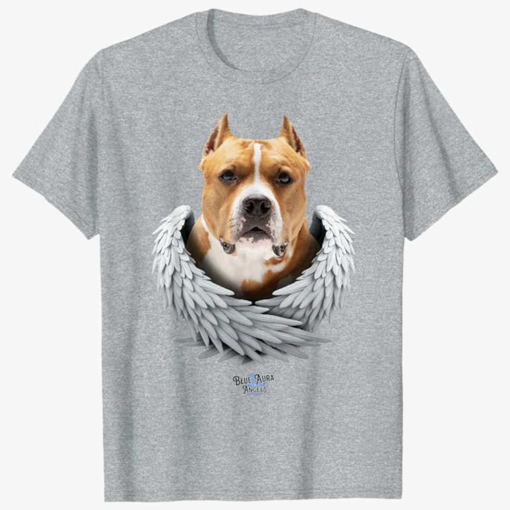 A gray T-shirt features a pit bull with angel wings, symbolizing a heartfelt tribute and remembrance of a loyal and beloved pet.